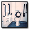 disabled toilet with high contrast furniture and flooring